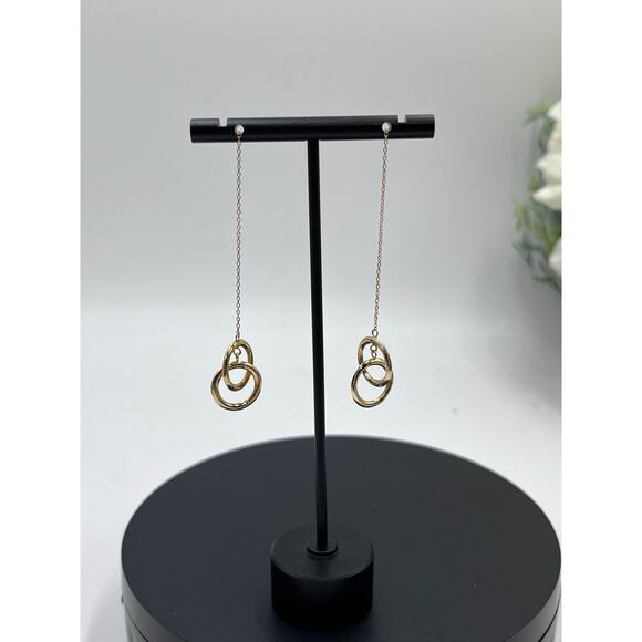 JCM 14K Yellow Gold Double Hoop Circles Dangle Threader Pierced Earrings - Picture 2 of 7